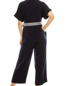 Maggy London - G4082M Short Sleeve Stripe Belted Capri Jumpsuit