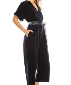 Maggy London - G4082M Short Sleeve Stripe Belted Capri Jumpsuit