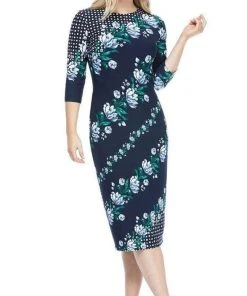 Cocktail Dresses Maggy London - G4373M Quarter Sleeve Floral Print Dress