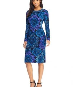 Cocktail Dresses Maggy London - GSF03M Long Sleeve Floral Print Crepe Dress