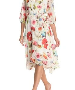 Maison Tara - 91039M Tea Length Floral Faux Wrap Dress Cocktail Dresses