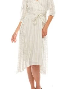 Maison Tara - 91053M Tea Length Pinstripe Print A-Line Dress