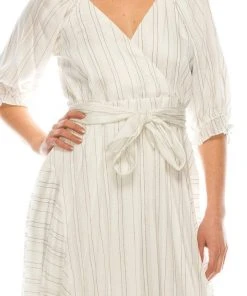 Maison Tara - 91053M Tea Length Pinstripe Print A-Line Dress