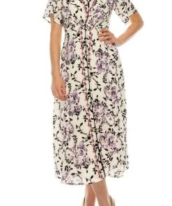 Maison Tara - 91062M Floral Print Buttoned A-Line Dress Cocktail Dresses
