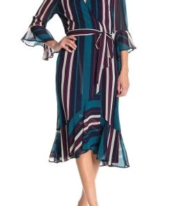 Maison Tara - 91116M Tea Length Stripe Wrap Chiffon Dress