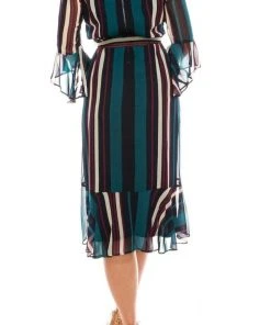 Maison Tara - 91116M Tea Length Stripe Wrap Chiffon Dress