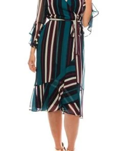 Maison Tara - 91116M Tea Length Stripe Wrap Chiffon Dress
