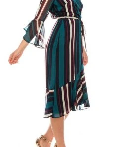 Maison Tara - 91116M Tea Length Stripe Wrap Chiffon Dress
