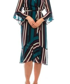 Maison Tara - 91116M Tea Length Stripe Wrap Chiffon Dress