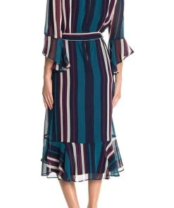 Maison Tara - 91116M Tea Length Stripe Wrap Chiffon Dress