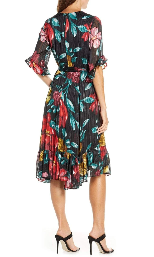 Maison Tara - 91125M Tea Length Floral Metallic Wrap Style Dress Cocktail Dresses 4 Maison Tara - 91125M Tea Length Floral Metallic Wrap Style Dress Cocktail Dresses
