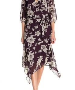 Maison Tara - 91136M Tea Length Floral Faux Wrap Style Dress Cocktail Dresses