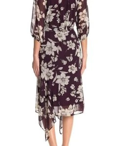 Maison Tara - 91136M Tea Length Floral Faux Wrap Style Dress Cocktail Dresses