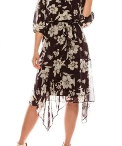 Maison Tara - 91136M Tea Length Floral Faux Wrap Style Dress Cocktail Dresses