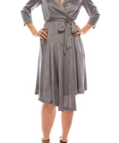 Maison Tara - 91143M Three Quarter Sleeve Twill Faux Wrap Dress Cocktail Dresses