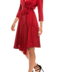 Maison Tara - 91143M Three Quarter Sleeve Twill Faux Wrap Dress Cocktail Dresses