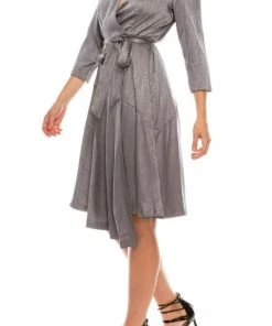 Maison Tara - 91143M Three Quarter Sleeve Twill Faux Wrap Dress Cocktail Dresses