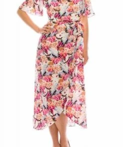 Maison Tara - 91283M Tea Length Flutter Sleeve Floral Dress Cocktail Dresses