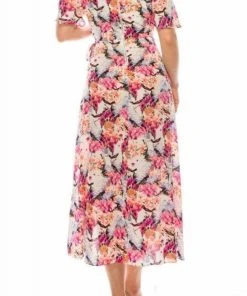 Maison Tara - 91283M Tea Length Flutter Sleeve Floral Dress Cocktail Dresses