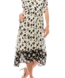 Maison Tara - 95014M Floral Print V Neck Faux Wrap Dress
