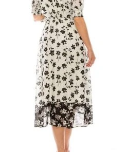 Maison Tara - 95014M Floral Print V Neck Faux Wrap Dress