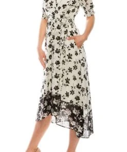Maison Tara - 95014M Floral Print V Neck Faux Wrap Dress