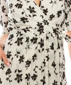 Maison Tara - 95014M Floral Print V Neck Faux Wrap Dress