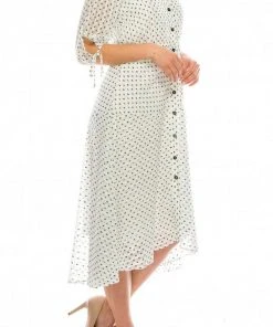 Maison Tara - 95043M Tea Length Polkadot Button Down Dress