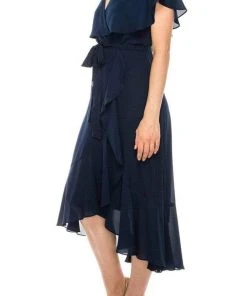 Maison Tara - 95071M Cape Sleeved Illusion Wrap Ruffle Dress