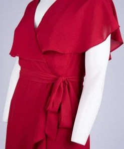 Maison Tara - 95071M Cape Sleeved Illusion Wrap Ruffle Dress