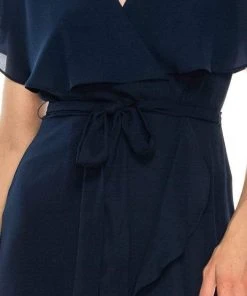 Maison Tara - 95071M Cape Sleeved Illusion Wrap Ruffle Dress