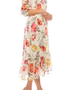 Maison Tara - 95084M Ruffle Trimmed Sleeve Tie Notch A-Line Dress