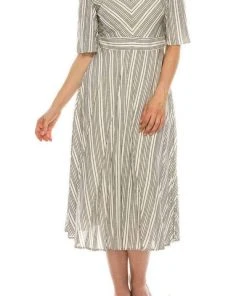 Maison Tara - 95100M Short Sleeve Stripe Tie Back Dress