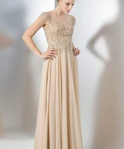 Formal Gowns Marsoni By Colors - Cap Sleeve Beaded Illusion Chiffon Long Dress M108 - 1 Pc Champagne In Size 20 Available
