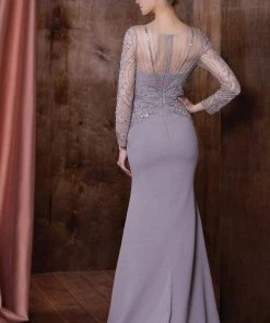 Formal Gowns Marsoni By Colors - Long Sleeve Bejeweled V-Neck Trumpet Dress M195 - 1 Pc Taupe In Size 22 Available