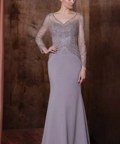 Formal Gowns Marsoni By Colors - Long Sleeve Bejeweled V-Neck Trumpet Dress M195 - 1 Pc Taupe In Size 22 Available