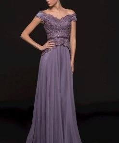 Marsoni By Colors - M213 Embellished Off-Shoulder A-line Dress