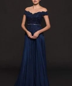 Marsoni By Colors - M213 Embellished Off-Shoulder A-line Dress