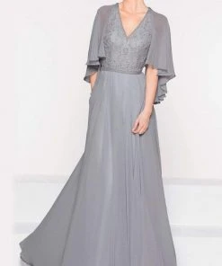 Marsoni By Colors - M230 Asymmetrical Caped Sleeve Chiffon Gown Formal Gowns