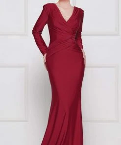 Marsoni By Colors - M257 Long Sleeve V-neck Satin Trumpet Dress Formal Gowns