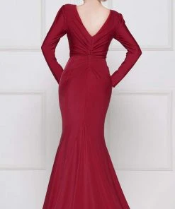 Marsoni By Colors - M257 Long Sleeve V-neck Satin Trumpet Dress Formal Gowns