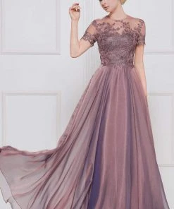 Marsoni By Colors - M274 Short Sleeve Embroidered Illusion Jewel Gown