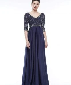 Marsoni By Colors - MV1016 Beaded V Neck A-Line Faille Gown