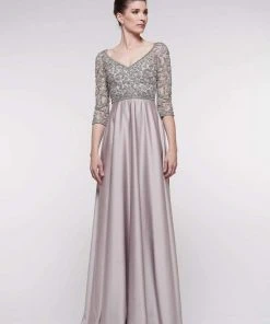 Marsoni By Colors - MV1016 Beaded V Neck A-Line Faille Gown