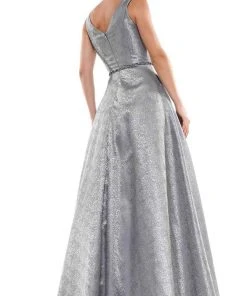 Marsoni By Colors - MV1033 Sleeveless V-Neck Beaded Waist Brocade Gown Formal Gowns 9 Marsoni By Colors - MV1033 Sleeveless V-Neck Beaded Waist Brocade Gown Formal Gowns