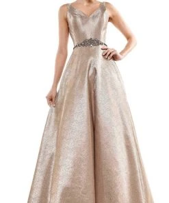 Marsoni By Colors - MV1033 Sleeveless V-Neck Beaded Waist Brocade Gown Formal Gowns