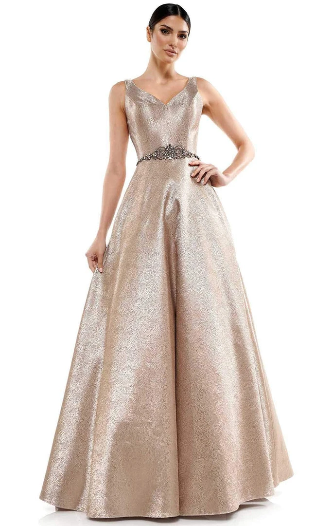Marsoni By Colors - MV1033 Sleeveless V-Neck Beaded Waist Brocade Gown Formal Gowns 3 Marsoni By Colors - MV1033 Sleeveless V-Neck Beaded Waist Brocade Gown Formal Gowns