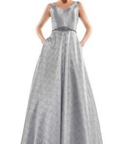 Marsoni By Colors - MV1033 Sleeveless V-Neck Beaded Waist Brocade Gown Formal Gowns 8 Marsoni By Colors - MV1033 Sleeveless V-Neck Beaded Waist Brocade Gown Formal Gowns