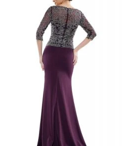 Formal Gowns Marsoni By Colors - Quarter Sleeve Bead Embellished Dress MV1026 - 1 Pc Eggplant In Size 14 Available