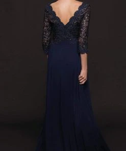 Formal Gowns Marsoni By Colors - Quarter Sleeve Scalloped Lace Gown M225 - 1 Pc Wine In Size 4 Available